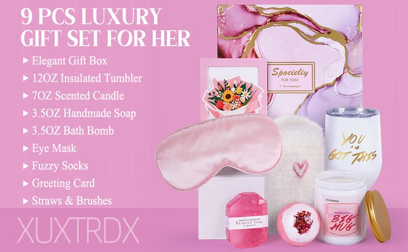 Birthday Gift for Women, XUXTRDX Set of 9 Get Well Soon Gift Baskets Spa Gifts Personalized Gift Basket for Her Mom Sister Friend Wife Girlfriend Coworker