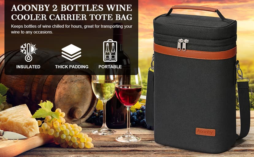 2 Bottle Wine Bag Wine Cooler Carrier Wine Gift Tote Bag, Leakproof & Insulated Bottle Bags for Travel, BYOB, Beach, Dinner, Party, Christmas Gifts for Wines Lovers Women Men - Black