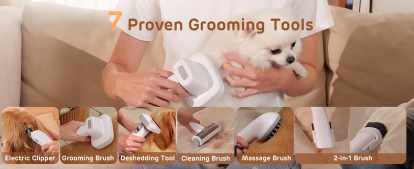 Dog Grooming Vacuum Kit - 3L Vacuum with 7 Tools, Low Noise Electric Clipper and Brush for Pet Shedding at Home, White