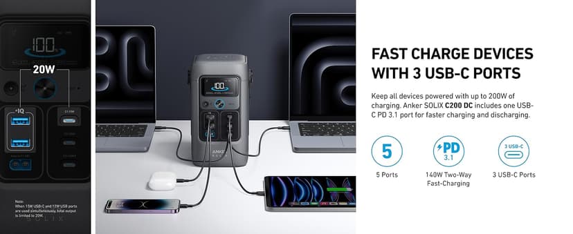 Anker SOLIX C200 DC Power Bank Station and 60W Solar Panel, 192Wh Portable Power Station, LiFePO4 Battery, 200W Solar Generator, for Outdoor, Camping, Traveling, and Emergencies