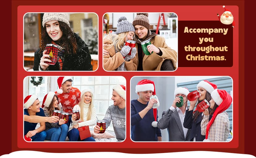 12 Pcs Christmas Wine Tumbler Set, 12 Oz Stainless Steel Double Wall Vacuum Insulated Coffee Mug Stemless Xmas Wine Glasses With Lid Straw Brushes for Women Friends Men Travel Gifts (Texts)