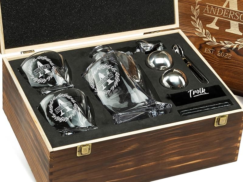 Personalized Whiskey Decanter and Stones Set - Customized Gift for Him - Men, Dad, Father - Engraved Twisted Decanter,2 Twisted Glasses, 2 XL Chilling Balls, Coasters, Tongs in Wooden Gift Box