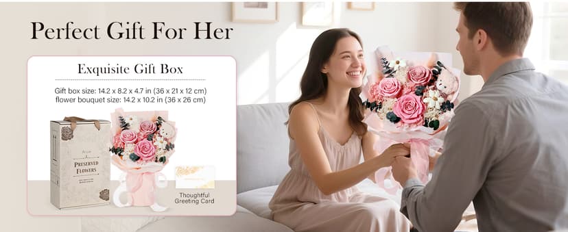 Preserved Flowers Bouquet with Bear, 3 Real Forever Flowers for Delivery, Long-Lasting Pink Eteranl Roses Bouquet Birthday Gifts for Women, Mother, Wife, Her