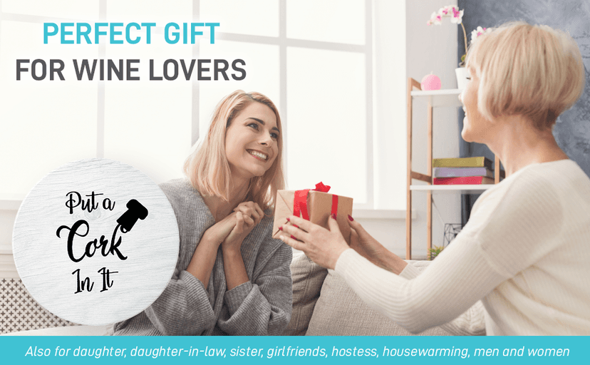 Coasters for Drinks Absorbents with Holder - 6 Pcs Gift Set with 6 Funny Sayings for Wine Lovers - Ceramic Stone with Corked Back, Unique Present for Housewarming, Living Room Decor