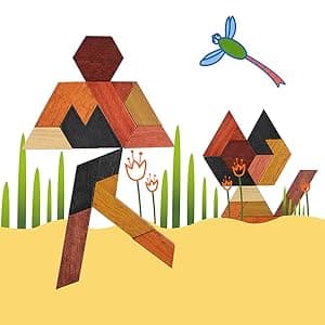 KINGOU Hexagon Tangram Puzzle Wooden Brain Puzzles for Kids & Adult Challenge Wooden Brain Teasers Puzzle Games for Family Party Gift - Brain Games for Kids