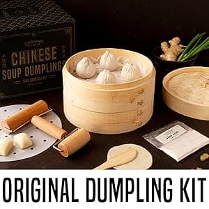 Cooking Gift Set Co. Bamboo Steamer Basket Soup Dumpling Kit - 2 Tier 8-Inch Dumpling Steamer for Cooking with Agar Agar, Roller, Spoon, Liners, Recipes & Step-by-Step Video (6-Piece Set)