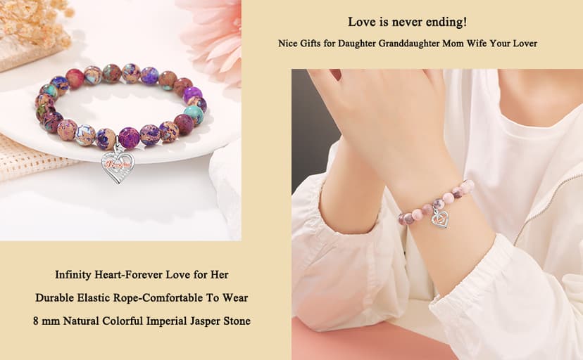 𝗚𝗶𝗳𝘁𝘀 𝗳𝗼𝗿 𝗪𝗼𝗺𝗲𝗻 𝗜𝗻𝗳𝗶𝗻𝗶𝘁𝘆 𝗟𝗼𝘃𝗲 𝗛𝗲𝗮𝗿𝘁 𝗕𝗿𝗮𝗰𝗲𝗹𝗲𝘁 Christmas Birthday Gifts for Sister Daughter Granddaughter Grandma, Natural Colorful Imperial Jasper Bracelet for Mom Wife Nana Aunt