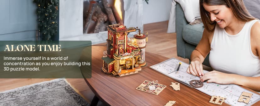 ROKR 3D Puzzle for Adults Christmas Style Dream Gift Factory Wooden Model Kit Luminous Factory DIY Dollhouse Kit Building with Music, Lights and 5 Elves for Teens & Kids