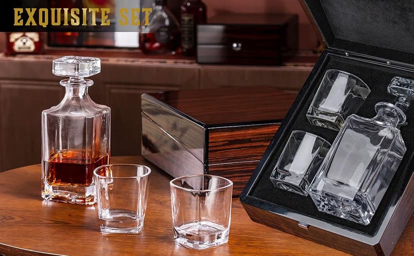 Premium Wood Gift Box w/Decanter Set - 2 Rock Glasses, Crystal Decanter, Bourbon, Whiskey, Gifts for Men, Dad, Father’s Day, Birthday, Weddings, Groomsman, Gift Ideas