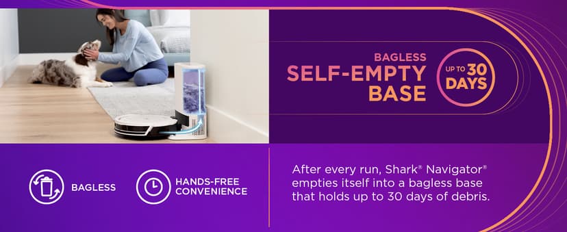 Shark Navigator Robot Vacuum with Bagless 30-Day Capacity Self-Empty Base, Powerful Suction, SmartPath Navigation, Self-Cleaning Brushroll, for Carpets & Hard Floors, White, AV2110S