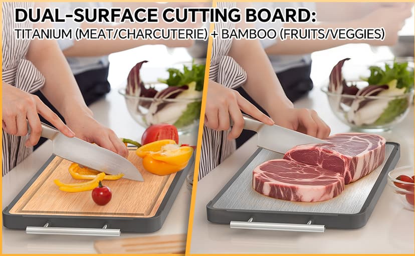 Cutting Boards for Kitchen - Food Grade Double Sided Pure Titanium& Bamboo Chopping Board with Handle, Slip resistant Non-toxic Charcuterie Board Housewarming Gifts (16×11)