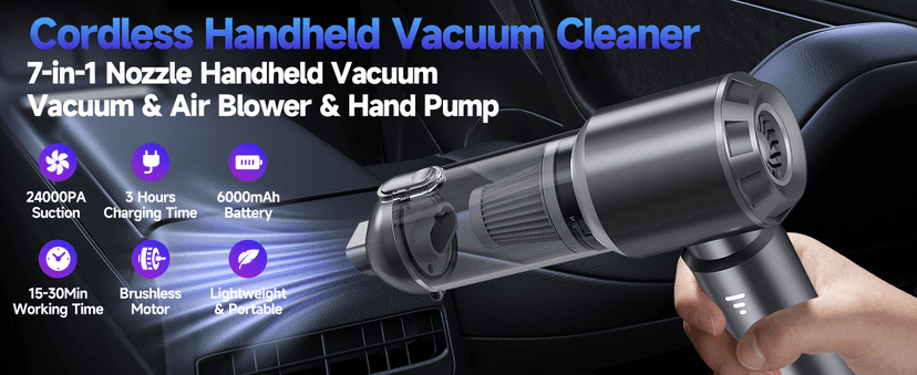 Car Vacuum Portable Cordless, Small Handheld Vacuum Cleaner with 24000PA High Power Suction, Mini Vacuum Cordless Rechargeable with One-Touch Empty, 10-in-1 Hand Vac for Car Home Office Dust