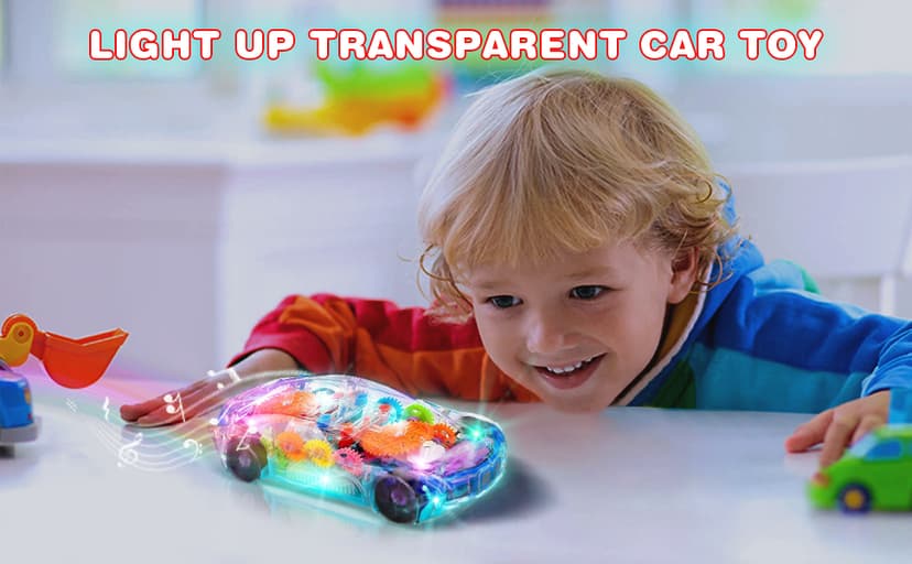 ArtCreativity Light Up Transparent Sensory Car Toy for Kids, 1PC, Bump and Go Toy Car with Colorful Moving Gears, Music, and LED Effects, Easter Toys for Toddlers, Great Birthday Gift Idea