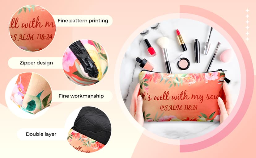 Chunful 12 Pcs Inspirational Christian Gifts Religious Makeup Bags Bulk for Women Bible Verse Flower Cosmetic Bag Thanksgiving Christmas Gift for Church Ladies, 7.48 x 4.72 Inch(Stylish)