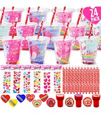 Valentines Day Gifts for Kids - 24 Pack Giant Lollipop-Shaped Stationery Set with Valentine's Cards Pencils Stickers Erasers Stampers Sharpener for Classroom Exchange School Boys Girls Party Favors