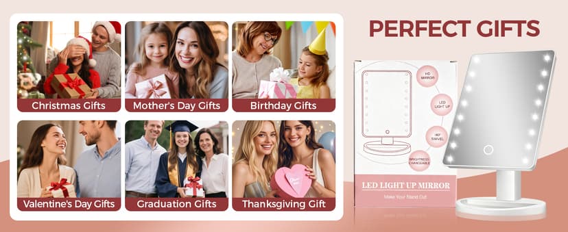 KOOKIN Lighted Vanity Makeup Mirror 16 Led Lights 180 Degree Rotation Lighted Mirror Touch Screen Adjusted Brightness Desk Mirrors USB Dual Supply Bathroom Beauty Cosmetic Mirrors (White)