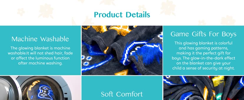 Joiedomi Glow in The Dark Gaming Blanket Gamer Gifts for Boys Age 2 3 4 5 6 7 8 9 10 11 12 Year Old, Soft Cozy Flannel Kids Throw Blanket, Birthday Bedroom Decor Grey 50"×60"