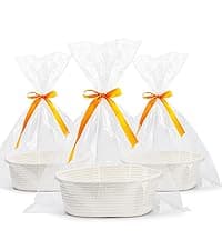 Pro Goleem Small Woven Basket with Gift Bags and Ribbons Durable Baskets for Halloween Gifts Empty Small Rope Basket for Storage 12"X 8" X 5" Baby Toy Baskets with Handles, White