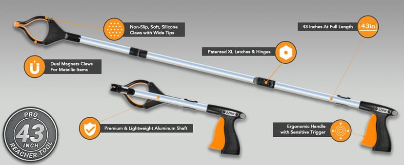 EZPIK Pro 43" Foldable Grabber Reacher Tool for Seniors - Grabbers for Elderly Reaching Tool Heavy Duty Pickup Trash Picker Upper Equipment - Claw Grabber Stick for Reaching Aids, Weed Gripper