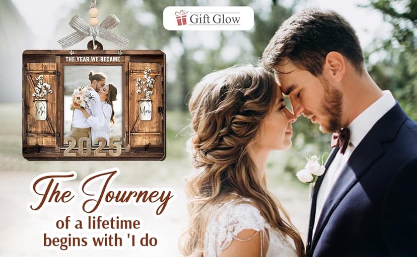 Personalized Wedding Gifts for Couples 2025 - Marriage Customized Wood Ornaments with Photos, Bridal Shower Gifts for Bride, Mr and Mrs Engagement Gift, Personalized Picture Frame
