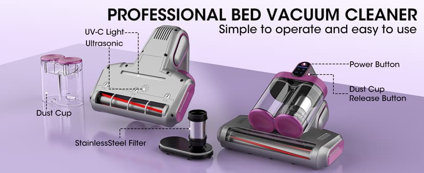 Bed Mattress Vacuum Cleaner Cordless 16Kpa Handheld Vacuum, Vacuum Cleaner with 253.7nm UV-C Light,HEPA Filter & Ultrasonic, Portable Vacuums for Sofa Bed Couch Crib Gifts for Women her Man
