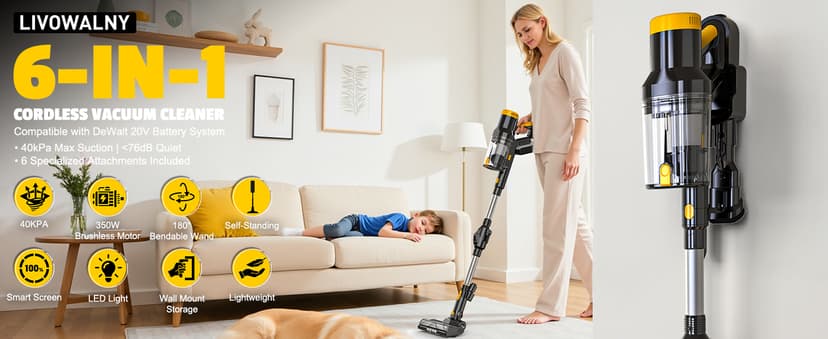 LIVOWALNY Cordless Vacuum Cleaner Compatible with DeWalt 20V Battery, 350W Brushless 40kPa Suction, 0.8L Dual Dust Cup, LED Floor Brush & 180° Flex Wand for Hardwood & Carpet (Battery Not Included)