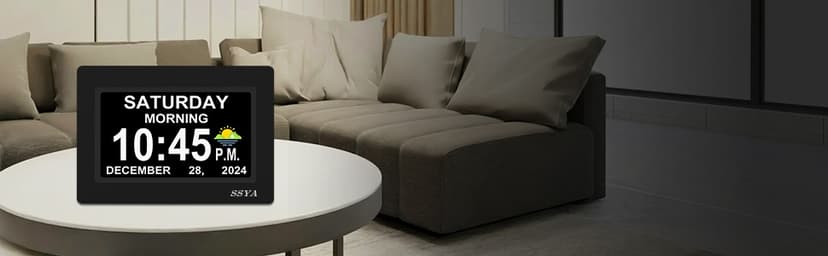 SSYA 7 Inch Calendar Clock - 12 Alarm Options, Level 5 Auto Dimmable Display,Extra Large Impaired Vision Digital Clock with Non-Abbreviated Day & Month (Black)