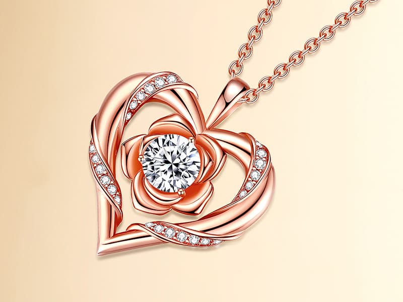 Rose Flower Heart Moissanite Necklaces for Wife, S925 Silver Pendant for Women, 18K Gold Plated Jewelry for Her Girlfriend Mom for Anniversary Birthday