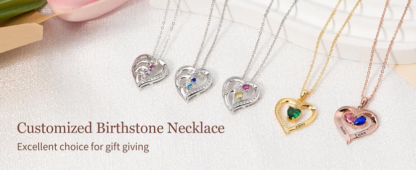 Easycosy Custom Name Necklace with Simulated Birthstones Customized Promise Necklace Heart Pendant with Engraved Names - Anniversary Birthday Jewelry Gifts for Women Wife Mom Grandma Mothers Day