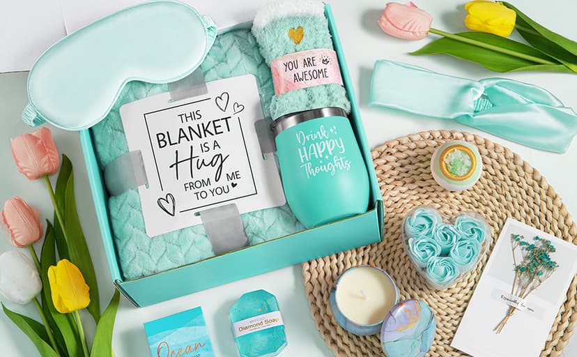 Birthday Gifts for Women Self Care Gifts Get Well Soon Gifts, Ocean Relaxing Spa Gifts Basket Care Package w/ Luxury Flannel Blanket, Unique Mothers Day Gifts Idea for Mom Her Friends Sister Wife