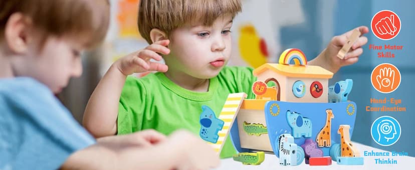 Wooden Noah's Ark Toy with Animal Shape Sorter,Baptism Gifts for 1 2 3 4 Years Old,Montessori Toys for Toddlers,Baptism Gifts for Boys and Girls,24 Months Babies