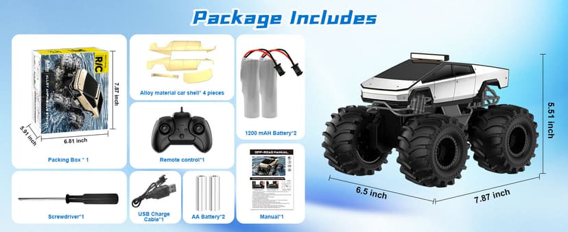 Amphibious Remote Control Car, 1:18 Monster Truck Toys for Boys RC Cars, 2.4 GHz Waterproof RC Trucks, 4WD All Terrain Off-Road Pickup, Kids Christmas Birthday Gifts Present Boys Girls Toys Ages 6+