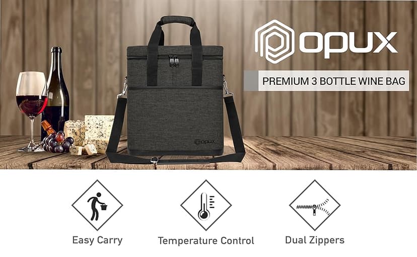 opux 3 Bottle Wine Carrier Tote, Insulated Leakproof Wine Cooler Bag, Wine Travel Bag Tote for Picnic BYOB Beach, Portable Wine Bottle Carrying Case, Gift for Wine Lover Women Men Christmas, Brown
