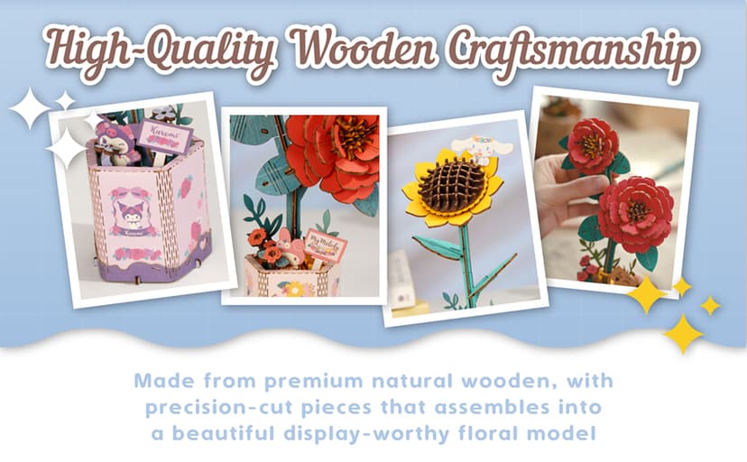 Hands Craft Hello Kitty and Friends Pink Rose 3D Wooden Puzzle Kit | DIY Flower Model | Arts & Crafts for Adults & Kids | Creative Hobby Kits | Hello Kitty Collectible | Wood Building Set