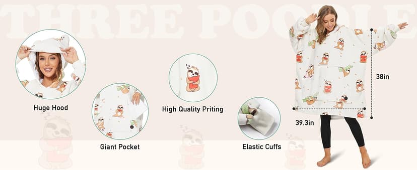 THREE POODLE Wearable Blanket Hoodie for Women, Oversized Sherpa Sweatshirt Blanket for Adults Men, Cozy Hooded Blankets, Gifts for Teen Girls Women Mom Sister