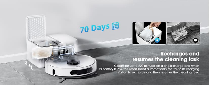 Robot Vacuum and Mop Combo, 3-in-1 Robotic Vacuums Cleaner with 70-Day Self-Emptying Base, LiDAR Navigation Smart Mapping & Strong 6000Pa Suction, for Pet Hair, Hard Floor, Carpet