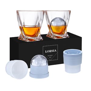 Whiskey Rocks Glass, Set of 4 (2 Crystal Bourbon Glasses, 2 Round Big Ice Ball Molds) In Gift Box - 11 Oz Old Fashioned Glasses for Scotch Cocktail Rum Cognac Vodka Liquor, Unique Gifts for Men