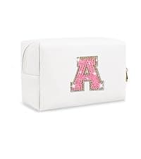 Small Personalized Initial A-Z Preppy Patch Makeup Bag,White PU Chenille Letter Travel Cosmetic Pouch with Zipper,Cute Toiletry Bag,Gift Ideal for Teen Girls Women Teacher Bridesmaid,Letter E