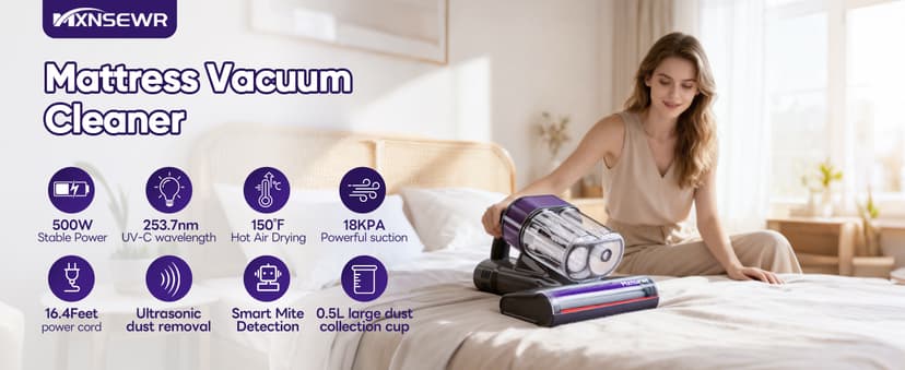 Mattress Vacuum Cleaner, 18Kpa Handheld Bed Vacuum Cleaner with 253.7nm UV-C Light, HEPA Filter & Ultrasoni, 150℉ Heat, Smart Dual Cup, and One-Click ash Removal for Bed, Sofa(Gray)