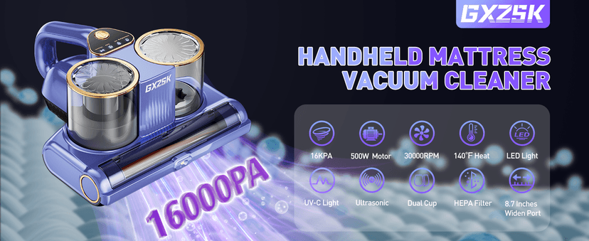 Mattress Vacuum Cleaner, 16kPa Bed Vacuum Cleaner with 253.7nm UV-C Light, Ultrasonic & 140℉ Heating, Dual Cup & Widen Suction Port Handheld Vacuums for Bed, Sofa, Couch, Crib (500W, Corded)