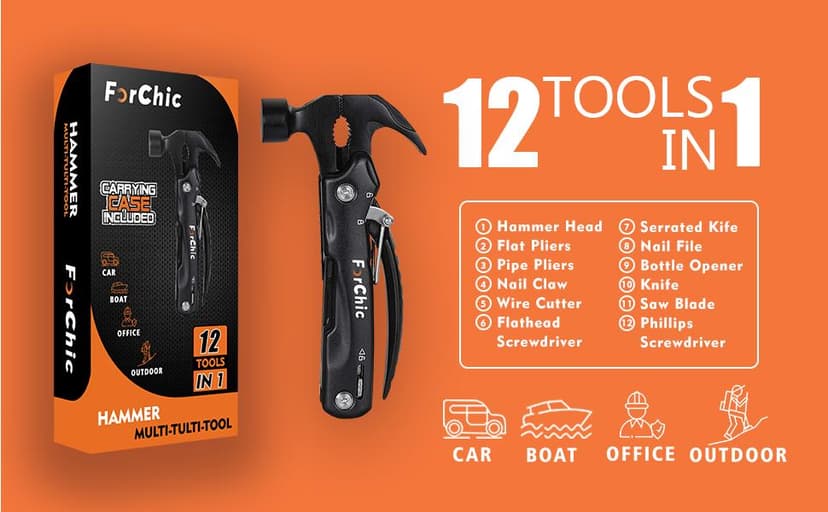 12 in 1 Hammer Multitool, Stocking Stuffers for Adults, Mens Gifts for Christmas, White Elephant Gifts for Adults, Christmas Gifts for Men, Dad, Him, Grandpa, Husband, Boyfriend