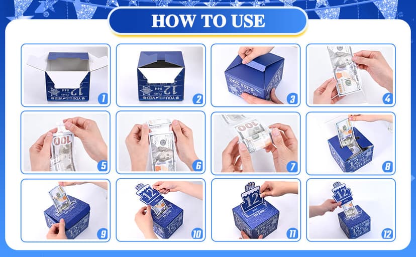 12 Happy Birthday Money Box for Cash Gift, 12th Birthday Decorations for Boys and Girls, Gifts for 12 Year Old Boy, Boy Gift Ideas, Cool Things for Teen -Blue with 100PCS Bags