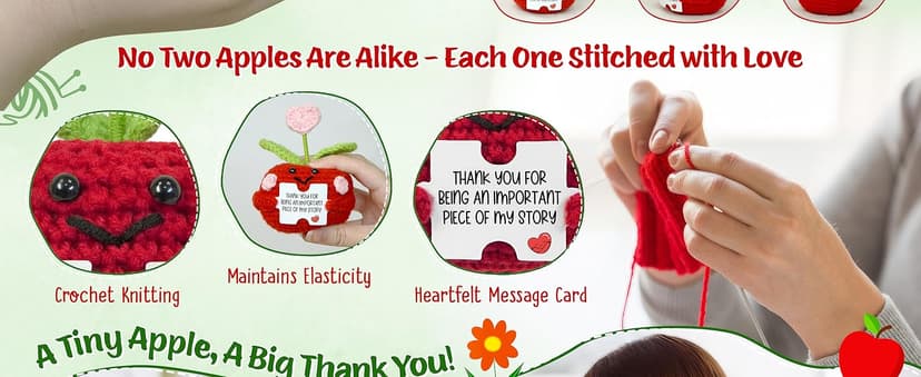 OASSIE Teacher Gifts for Women - Mini Handmade Positive Apple Crochet with Message Card - Teachers Day Christmas Birthday Graduation Appreciation Thank You School Gifts for Students Teachers Women
