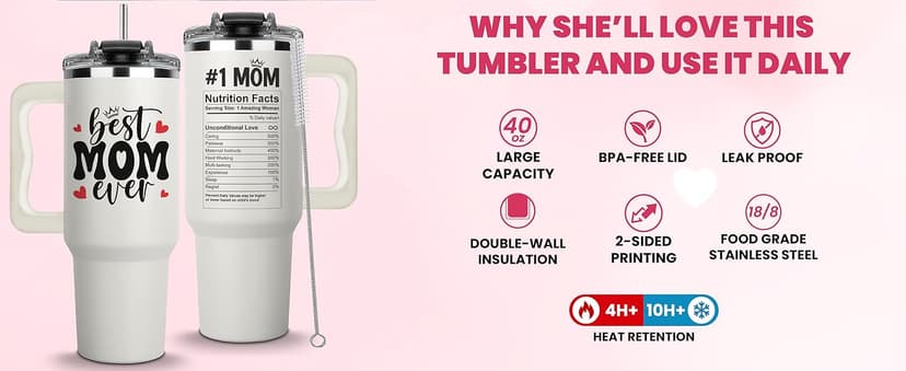 Vivulla68 Best Mom Ever Tumbler With Handle 40oz, Mommy Coffee Mug, Mama Tumblers, Momma Gift Ideas, Funny Birthday Present For Her, Cute Mother Day Gift Tumbler, Mom Cup