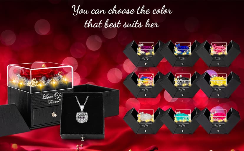 Preserved Red Real Rose with Heart I Love You Necklace -Eternal Flowers Rose Birthday Gifts for Women Her Mom Wife Girlfriend Grandma on Valentines Mothers Day Christmas Anniversary Romantic-Red