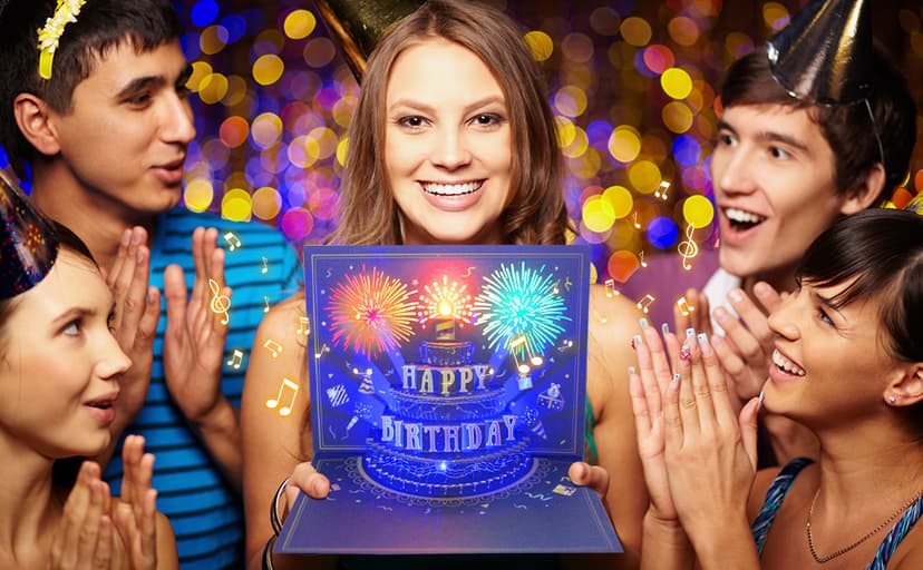 UPGRADED 3D Pop Up Firework Birthday Cards, Musical LED Lights Birthday Cards with Blowable Birthday Cake, Greeting Cards, Birthday Gifts for Mom Women Men Kids Child Dad Father Wife