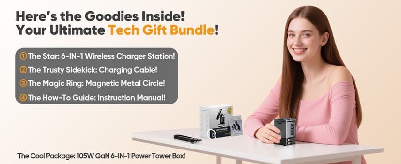 6-in-1 Charging Station,105W GaN Retractable Charger with Magnetic Pad – MagSafe Compatible, USB-C Fast Charging for iPhone, AirPods, MacBook, Apple Watch, and Other Phones, Tablets, Laptops