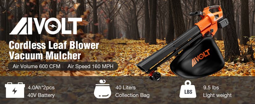 Cordless Leaf Vacuum Blower Mulcher 3 in 1, 2 * 4.0Ah Battery and Charger, Battery Powered Leaf Vacuum with 40L Bag, 160MPH, 600CFM, 4 Speed Modes, Suitable for Lawn Care Yard Cleaning