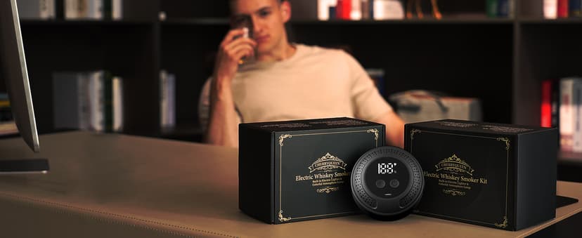 Electric Whiskey Smoker Kit, CHERRYQUEEN Old Fashioned Smoker Kit, Built-in Lighter & Ambient Light, 4 Reusable Ice Cubes 6 Wood Chips, Gifts for Men Dad Husband Whiskey Lovers (Birthday/Christmas)