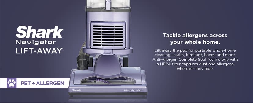 Shark NV352 Navigator Lift Away Upright Vacuum, Hepa Filter, Anti-Allergen Technology, Swivel Steering, Ideal for Carpet, Stairs, & Bare Floors, with Wide Upholstery & Crevice Tools, Lavender